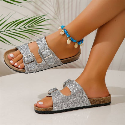 Double Buckle Sandals For Women New Fashion Sequined Beach Shoes Summer Leisure Outdoor Slippers Slides