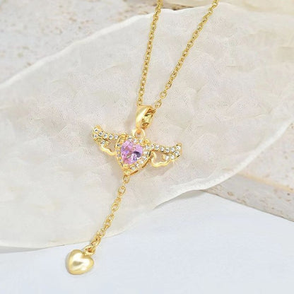 Moving Cupid Heart Angel Wings Tassel Necklace With Crystal Clavicle Chain Women Jewelry Gift Valentine's Day