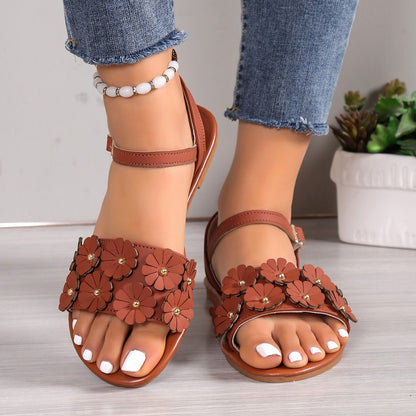 Retro Flowers Sandals Summer Casual Versatile Round Toe Buckle Flat Beach Shoes For Women New Roman Shoes