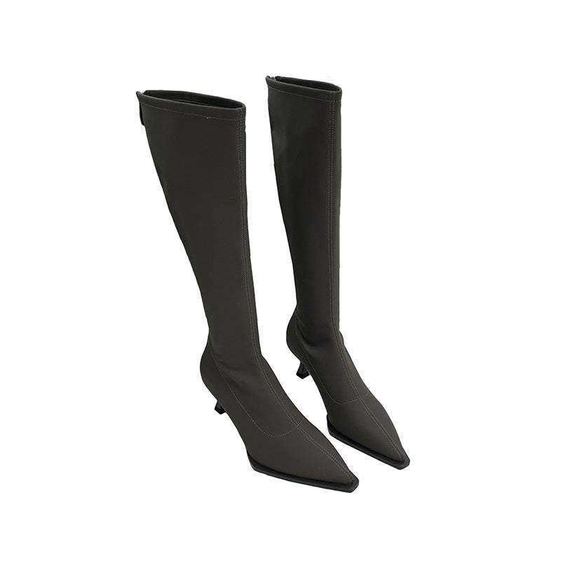 Pointed Toe Below The Knee Boots Back Zipper Stiletto Heel