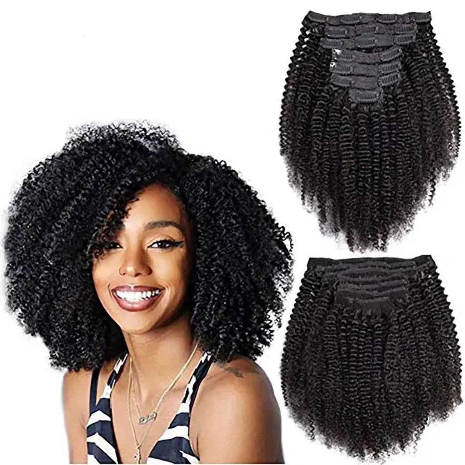 Kinky Hair Curly Clip In Hair Extensions Natural Black