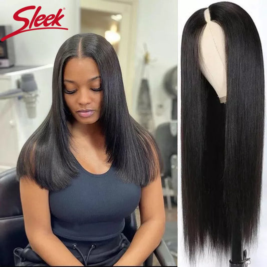 Sleek U Part Wig Straight Bob Human Hair Wigs For Women Short Brazilian Remy Hair Glueless Human Hair Natural Black V Part Wigs