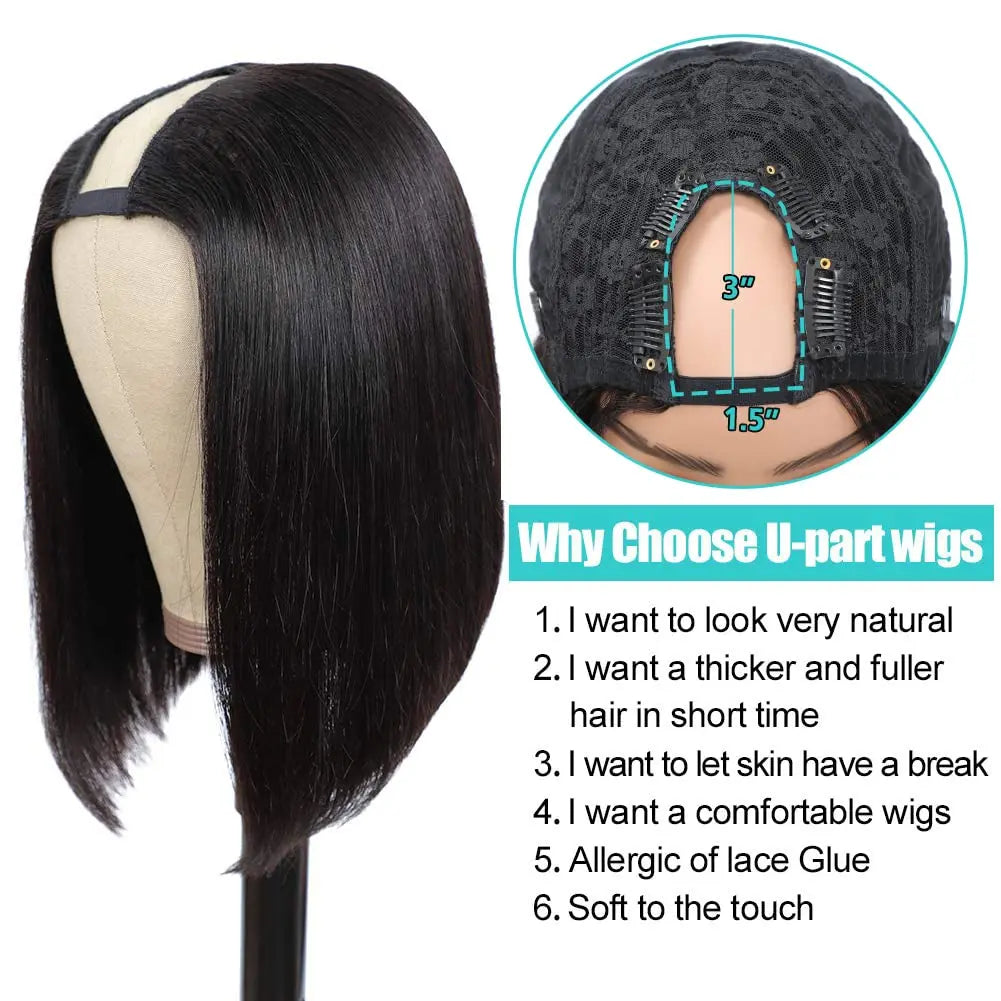 Sleek U Part Wig Straight Bob Human Hair Wigs For Women Short Brazilian Remy Hair Glueless Human Hair Natural Black V Part Wigs